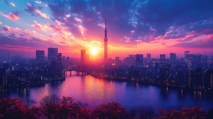 Fototapeta premium Cityscape glows vividly at sunset with tower landmarks mirrored in river background image