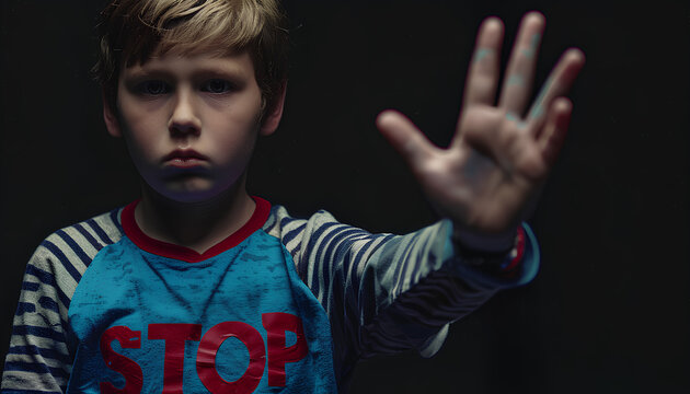 Upset abused frightened little child (boy), stop hand gesture close up horizontal dark portrait with copy space