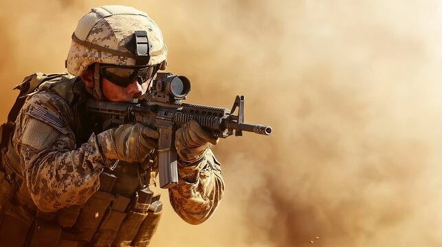 A soldier in combat, aiming a rifle amidst an explosion, conveying intensity and action in a dramatic military setting.