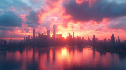 Naklejka premium Dramatic skyline at sunset glows vibrantly with tower reflection on waters wallpaper image
