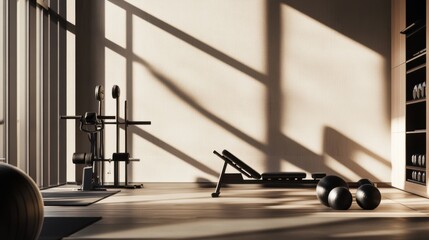 Obraz premium Modern minimalist home gym with minimal decor. Featuring clean lines and a functional design