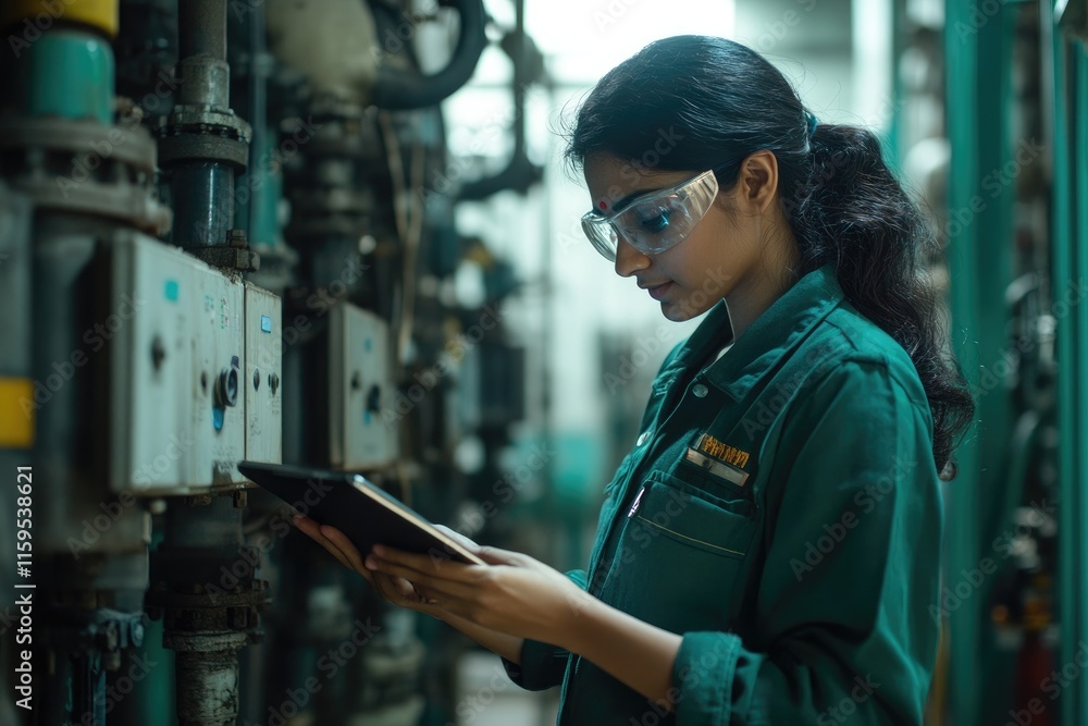 Aufkleber industrial engineer inspecting machinery using digital tablet in factory