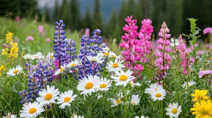 Fototapeta premium Lebendige Sommerblüte auf Waldwiesen, die das Chaos und die Ruhe der Natur einfangen