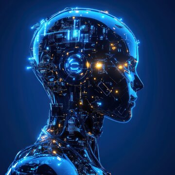 Glowing robotic head profile, digital art.
