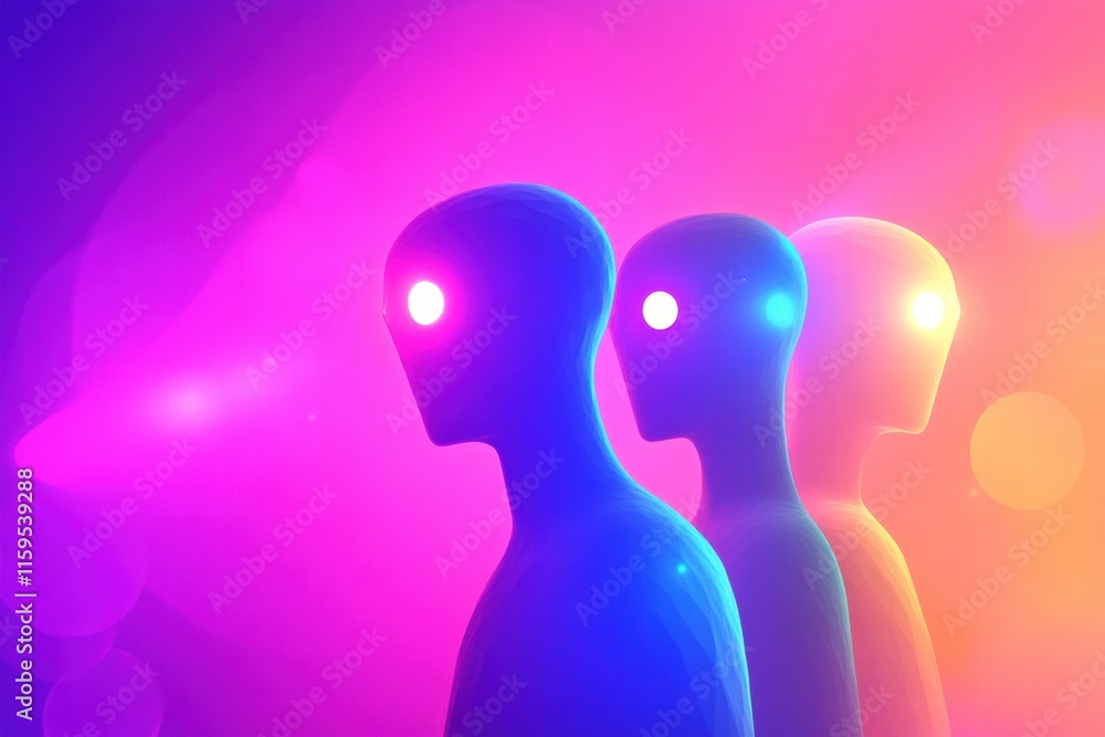 Poster abstract faceless avatars in vibrant colors against a soft background for text placement and creativ