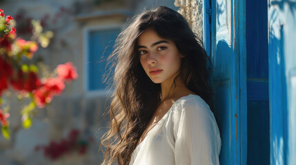 Fototapeta premium A young woman with long, flowing hair poses beside a vibrant blue door, framed by blooming flowers in a tranquil outdoor atmosphere. Sunlight enhances her natural beauty.