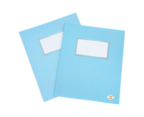 Blue copybooks isolated on white, top view. School stationery