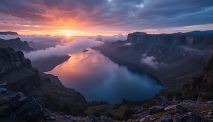 Fototapeta premium Majestic Sunrise Over Mountain Lake And Cliffs