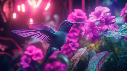 Fototapeta premium Hummingbird with iridescent wings hovering near neon flowers in a futuristic jungle, generative ai