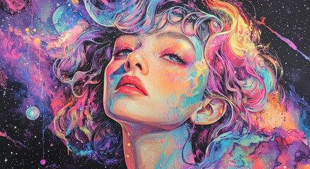 A striking portrait features a woman with multicolored, curly hair blending into a cosmic background. Her expression is dreamy and reflective, capturing a sense of wonder.