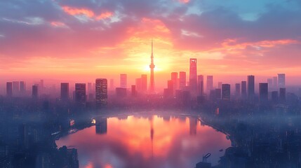 Naklejka premium Sunset highlights the dramatic city skyline and tower with serene reflections photos