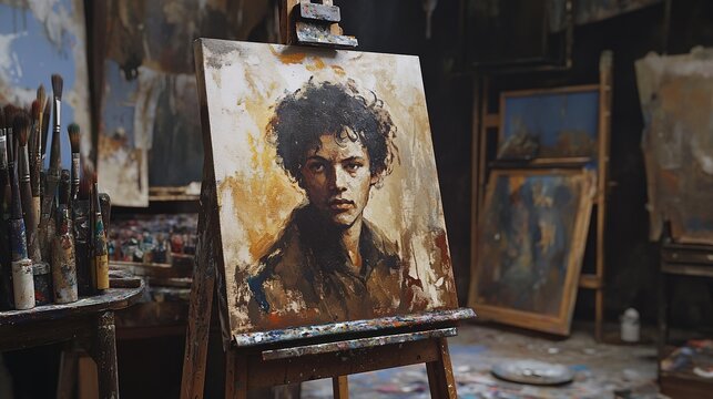 A portrait of a young man with curly hair, displayed on an easel in an artist's studio filled with various art supplies and paintings.