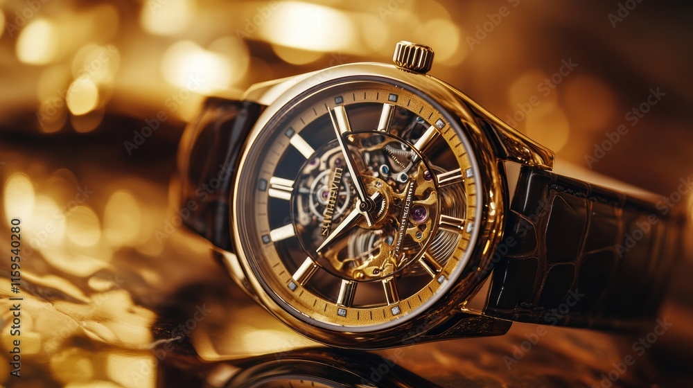 Poster luxury wristwatch featuring a golden frame and intricate design showcasing elegance and craftsmanshi