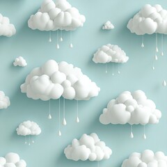 Seamless pattern of fluffy white clouds with rain drops on a light blue background.