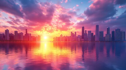 Obraz premium Sunset paints the stunning cityscape and river with glowing tower silhouettes