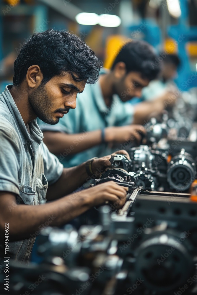 Poster Focused factory workers assembling machine parts on production line
