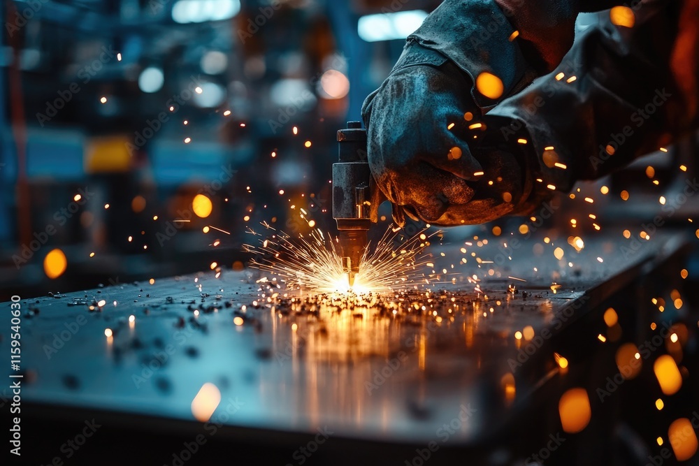 Aufkleber worker using plasma cutter creating sparks in metal sheet in factory
