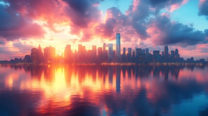 Tower dominates the skyline glowing at sunset with stunning water reflections wallpaper image