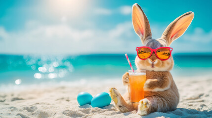 Easter bunny relaxing with a cool beverage on a sunny beach, enjoying easter in a tropical paradise