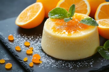 Delicious orange flan with marmalade and powdered sugar on black slate