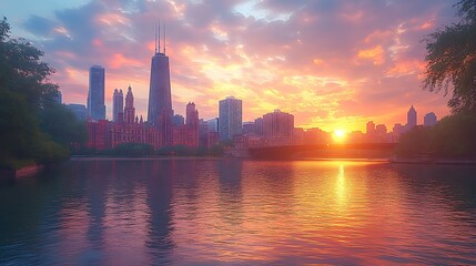 Obraz premium Tower landmarks and shimmering river add charm to the glowing sunset cityscape background image