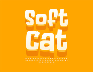 Vector cute card Soft Cat. Joyful White Font. Funny 3D Alphabet Letters and Numbers