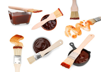 Marinade and basting brushes isolated on white, collage