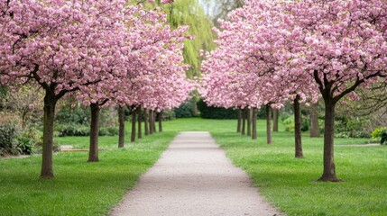 Ruhiger Fr&uuml;hlingspfad durch das Bl&auml;tterdach der Kirschbl&uuml;ten f&uuml;r Spazierg&auml;nge in der Natur und zum Nachdenken