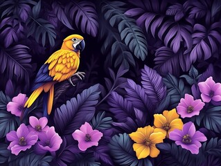 Obraz premium Golden Macaw Amidst Lush Purple Tropical Foliage