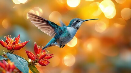 Fototapeta premium A hummingbird rests on a vibrant flower against a hazy backdrop of softly out-of-focus light sources
