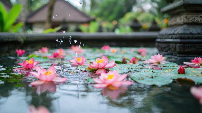 Ruhiges balinesisches Blumenbad mit &uuml;ppigen rosa Bl&uuml;ten in ruhiger Gartenumgebung