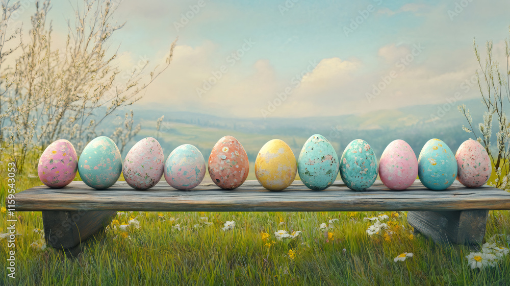 Poster displaying pastel-colored easter eggs on a rustic wooden bench with blooming trees and rolling hills