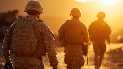 Soldiers walking into the sunset, highlighting themes of courage, duty, and the camaraderie of military life.