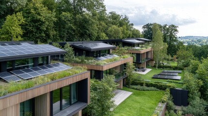 Nachhaltiges Leben mit solarintegrierter Architektur in einer üppig grünen Landschaft