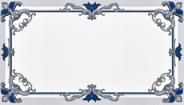 Ornate blue and silver border on white background