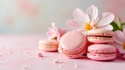 Obraz premium Pink macarons are nestled amongst pink flowers on a pink background. Concept of: pastel-colored sweets.