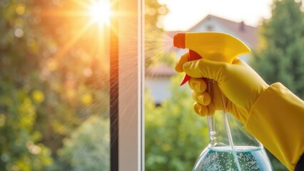 A hand in a yellow glove sprays cleaning solution onto a window. Concept of: spring cleaning.