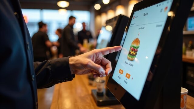 A person's hand selects a burger option on a digital ordering kiosk in a casual restaurant setting. Concept of: Self-service technology and dining.
