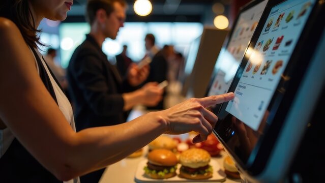 A person interacts with a digital touch screen to place a food order, with others nearby and a selection of burgers in view. Concept of self-service technology.
