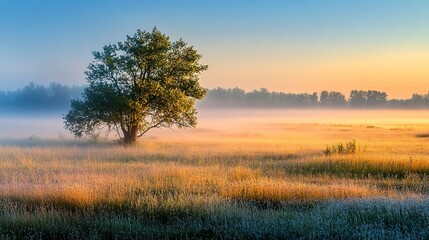 Fototapeta premium A serene landscape features a lone tree surrounded by misty fields at dawn, with soft light illuminating the grass and creating a tranquil atmosphere.