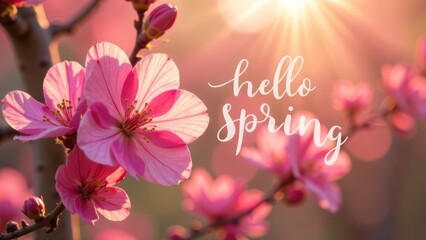 Pink cherry blossoms with a "hello spring" text overlay are backlit by a warm, glowing sun.
Concept of fresh beginnings and spring's arrival.