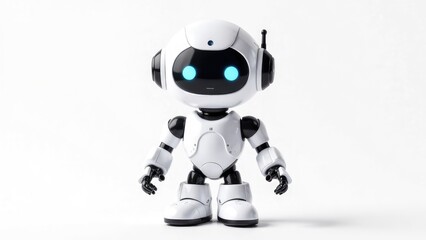 Fototapeta premium A small, white robot with black joints and glowing blue eyes stands centered against a plain white background. Concept of artificial intelligence.