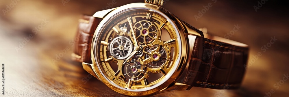 Poster luxury wristwatch with a golden frame showcasing intricate design details and craftsmanship in a sop