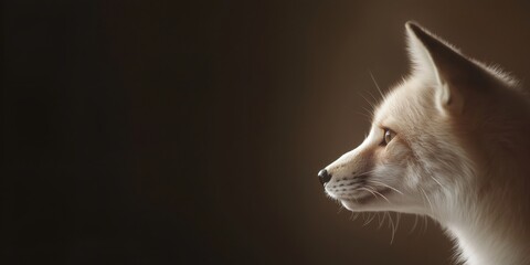 White fox emerging from darkness, close up profile portrait banner with copy space
