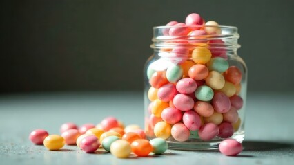 A glass jar is filled with colorful candy coated sweets, some spilling onto the surface. Concept of sweet treat.