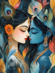 Radha and krishna sharing a tender moment of love, adorned with peacock feathers