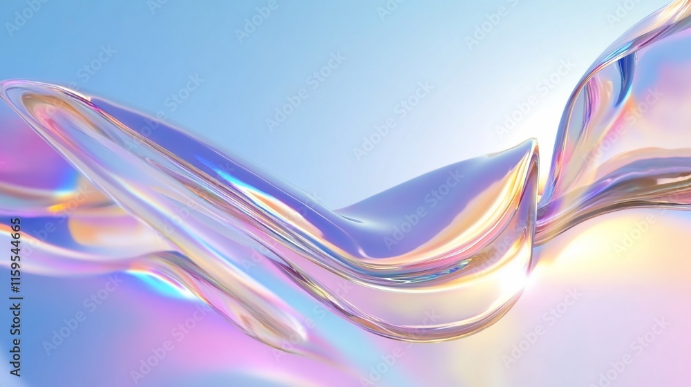 Poster abstract fluid shapes with iridescent colors on a soft background.