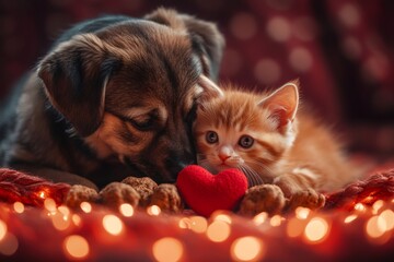 Puppy and kitten cuddling with red heart and festive lights