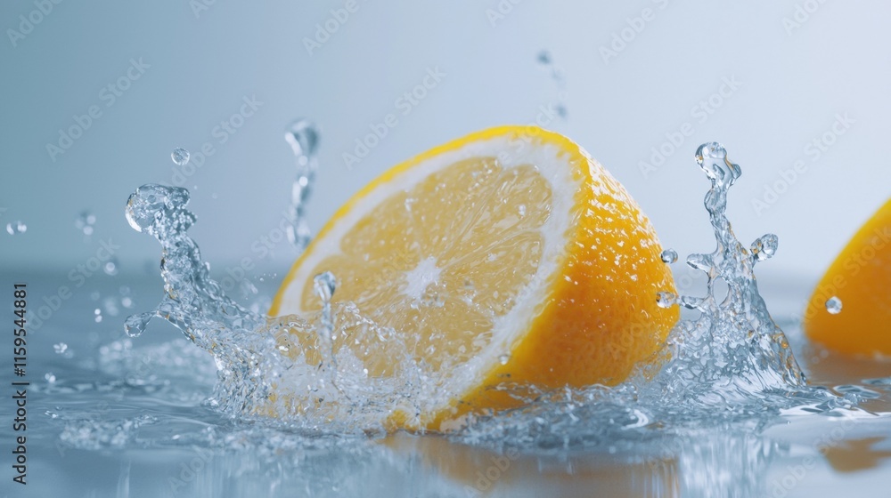 Poster refreshing lemon slices splashing in water