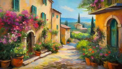 Fototapeta premium Italy Tuscany Mediterranean alley in Oil painting art style